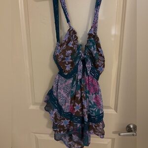 Free People Floral Jumpsuit in Blue and Brown